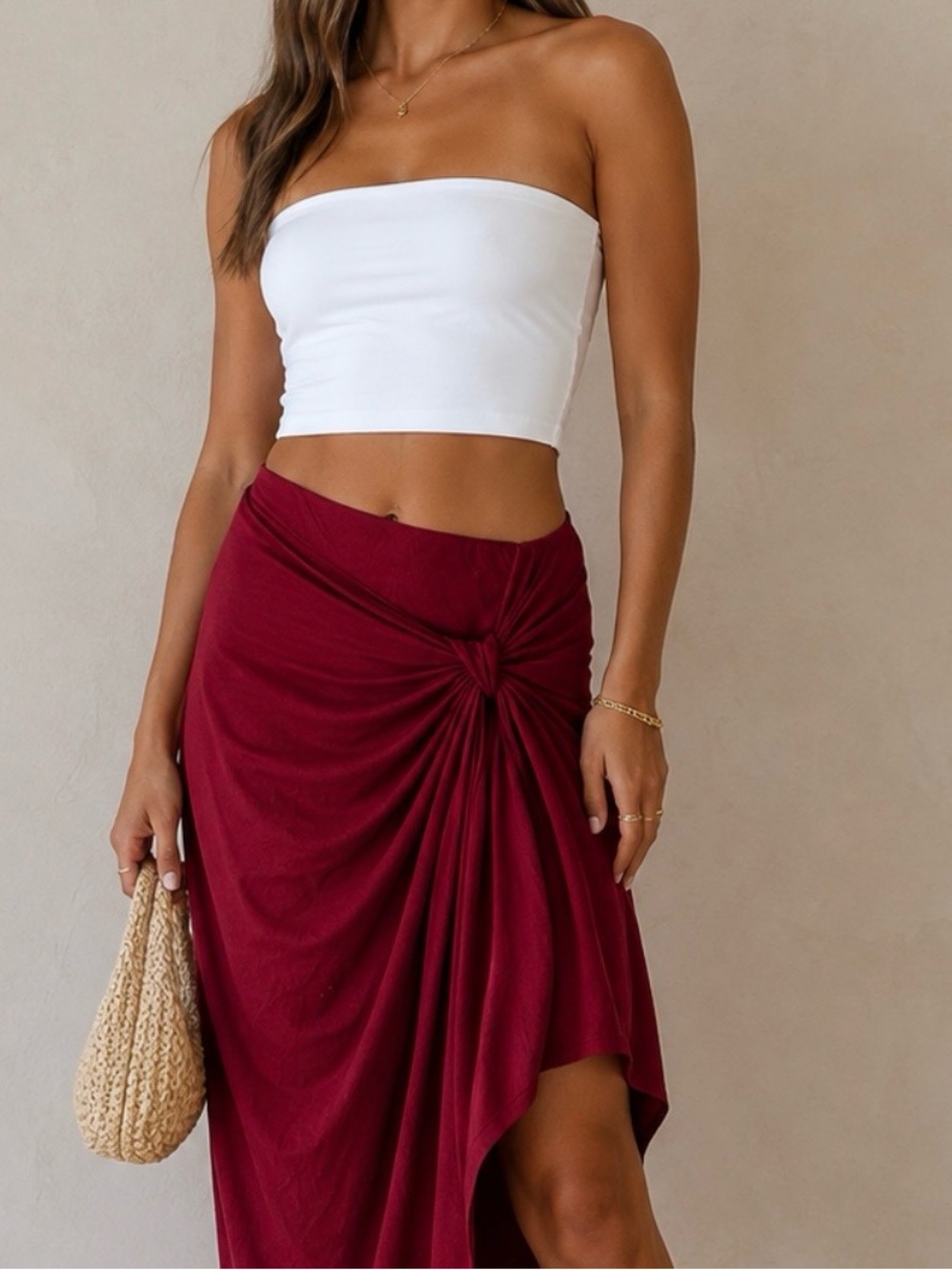 Charlotte Russe Burgundy High-Low Knot Maxi Skirt
